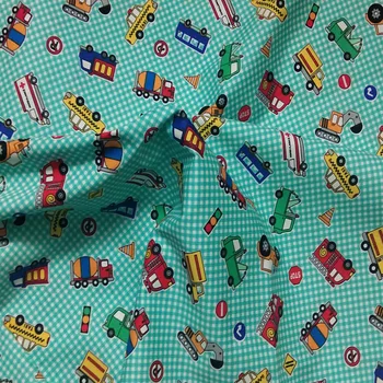 50x105Cm Zelená Modrá Kontroly Cartoon Autá Potlačené Bavlnené Tkaniny Auto Textílie Patchwork Látkové Taška Strany Domáce Dekorácie