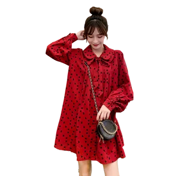 528# Jeseň kórejský Módne Červená Šifón Materskej Blúzky Sladké Voľné Košele, Oblečenie pre Tehotné Ženy Patria Tehotenstva, Topy, Tuniky