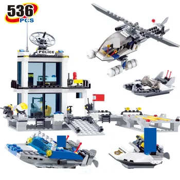 536Pcs City Policajnej Stanice Vrtuľník Loď Model Stavebné Bloky SWAT Technic Brinquedos Tehly Vzdelávacie Hračky pre Deti,