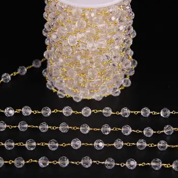 5Meters,8mm Číry Crystal Glass Tvárou Kolo korálkové Zlatá Farba Reťazca,Drahokamy Odkaz Drôt Zabalené Ruženec Reťazca DIY Náhrdelník Šperky