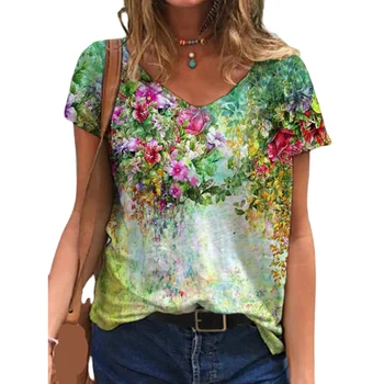 5XL Nadrozmerné Dámy Topy Ženy Plus Veľkosť Kvetinový 3D Print T Shirt Voľné tvaru Krátky Rukáv Bežné Tee Vrchole Letné Nové Streetwear