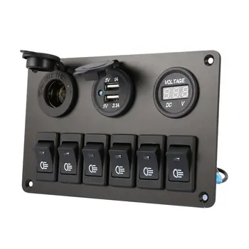 6 Gang LED Auto, Loď Kolískový Spínač Panel Dual USB Zásuvky pre zapaĺovač Voltmeter Auto Auto LED Loď Prepnúť Panel