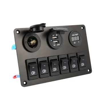 6 Gang LED Auto, Loď Kolískový Spínač Panel Dual USB Zásuvky pre zapaĺovač Voltmeter Auto Auto LED Loď Prepnúť Panel