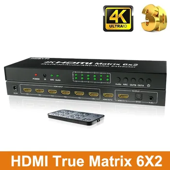 6 Port HDMI Matice 6 x 2 HDMI Prepínač Splitter 6) vstup 2 výstup s IR Remote Support ARC SPDIF optický a 3,5 mm Audio výstup