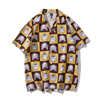 #7208 Leto Plné Mačka 3d Vytlačené Mens Košele Laple Golier, Krátky Rukáv Ročníka Bežné Havaj Tričko Muž Módy Pláži Tričko