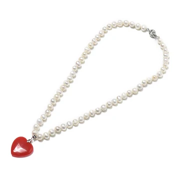 8. - 9. mm Sladkovodné Prírodné Perlový Náhrdelník s Romantické a krásne čistá červená v tvare srdca 25*25*6 mm prívesok a Drobné Jemné