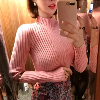 8 farieb 2020 Jeseň Ženy lady sveter vysoko elastická Pevné Turtleneck sveter ženy štíhle sexy tesný Klesnutie Pletené Pulóvre