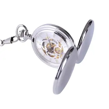 8946Low-key luxusné strieborné obojstrannej otvorte kryt Roman hladký povrch vreckové hodinky s náhrdelník