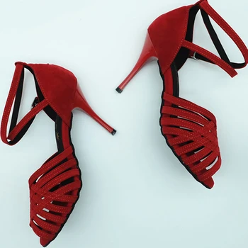 9 cm Kovové Päty Červená Nubuk Pohodlné latinské Tanečné Topánky Pre Ženy, Otvorené Prst Profesionálne Salsa Veľkosť NÁS 4-12