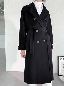 90%Lana vergine Ženy Elegantné Dlhé Vlny Kabát S Pásom Elegantné vrchné oblečenie Dámy Kabát na Jeseň Zima 2020