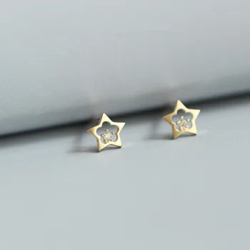 925 Rýdze Striebro, 14 karátové Zlato Slivkové Kvety Star Stud Náušnice Ženy Duté Vykladané Kryštálmi Svetlo Luxusné Študent Strany Šperky
