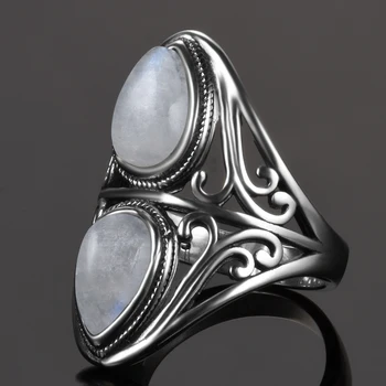 925 Sterling Silver Krúžky Originálny Dizajn Vintage Prírodné Rainbow Moonstone Krúžok Pre Ženy Muži Ženy Jemné Šperky Dary