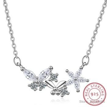 925 Sterling Silver Kvet, Hviezda Zirconia Motýľ Clavicle Reťazca Prívesok Náhrdelník collares Jemné Šperky Pre Ženy S-N340