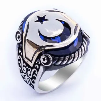 925 Sterling Silver Ring pre Mužov s Modrý Zirkón Kameňa a Moon Star Dizajn