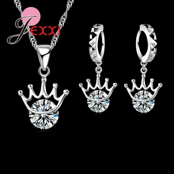925 Sterling Silver Shinning Crystal Koruny Náhrdelník Drop Náušnice pre Ženy Nevesta Svadobné Šperky Sady
