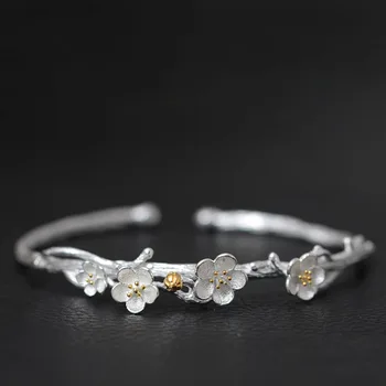 925 Sterling Silver Slivka Kvet Otvoriť Náramky & Prívesky pre ženy Ručné Elegantná Dáma Čínsky štýl, šperky Pulseira Feminina