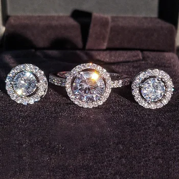 925 Sterling Silver Šperky nastaviť halo Zásnubný prsteň kolo stud náušnice pre Svadba, vianoce, Valentína darček strany J416