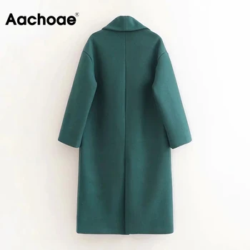 Aachoae Elegantný Zelený Dlho Vlnené Kabát Ženy Vintage Singel Svojim Teplý Zimný Kabát Dlhý Rukáv Vrecká Elegantné Vrchné Oblečenie