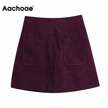Aachoae Vintage A-line Menčester Mini Sukne Ženy Vysoký Pás Elegantné Víno Červené Sukne Zips Vrecká Sukne Mujer Faldas