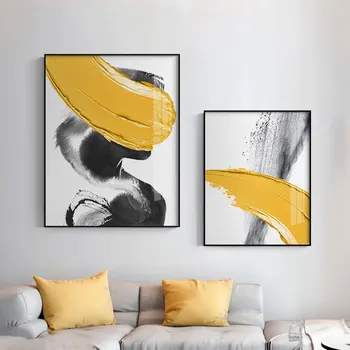 Abstrakt Plagát Zlata, Oranžová, Žltá, Šedá Sieťovej Tlače Moderný Štýl Plátno Splash Black Atramentová Maľba Nordic Dekoratívny Obraz Domov
