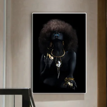 Abstrakt Zlato Sexy Dievča Čierne Africké Ženy, olejomaľba na Plátne, Plagáty a Vytlačí Cuadros Wall Art Obrázky Pre Obývacia Izba