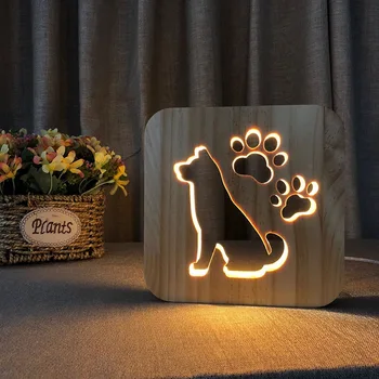 Acecorner LED USB Nočné Svetlo Drevené Psa Packa Mačka, Vlk Hlavu Zvierat Lampa Novinka Dieťa Spálňa 3D Dekorácie Stola Svetlá Dieťa Darček