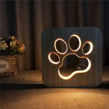 Acecorner LED USB Nočné Svetlo Drevené Psa Packa Mačka, Vlk Hlavu Zvierat Lampa Novinka Dieťa Spálňa 3D Dekorácie Stola Svetlá Dieťa Darček