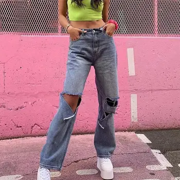 Aelfric Hip Hop Rifle Ženy 2020 Jar Leto Vysoký Pás Džínsy Zničené Roztrhlo Streetwear Bežné Nohavice Modré Džínsy Diery