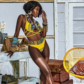 Africkej Tlače Plavky Plavky Ženy 2021 Nové Sexy Plavky, Žltá Bikini Tribal Vysoký Pás Bikini Set Maillot De Bain