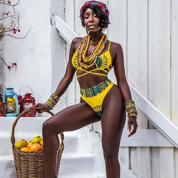 Africkej Tlače Plavky Plavky Ženy 2021 Nové Sexy Plavky, Žltá Bikini Tribal Vysoký Pás Bikini Set Maillot De Bain