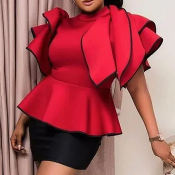 Africkej ženy red top volánikmi rukáv lete vysoký pás tunika peplum plus veľkosť tričko žena office lady pracovné oblečenie party tričko