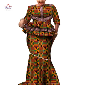 Africké Dlhé Rukávy Tlač Topy a Sukne, Súpravy pre Ženy Bazin Riche Afriky Oblečenie 2 Kusy Sukne Nastaviť Dunenia Prispôsobiť WY6113