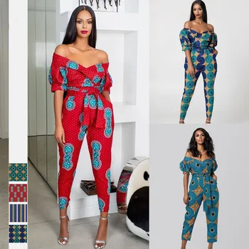 Africké nový štýl jeseň oblečenie nová digitálna tlač žien sexy svietidla rukávy ramienok golier jumpsuit s pásom