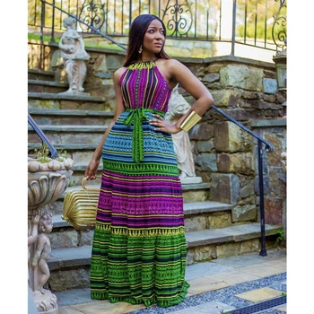 Africké Šaty pre Ženy Dashiki Župan Leto bez Rukávov Vysoký Pás Dlhé Šaty Dámske Pruhované Tradičné Africké Oblečenie