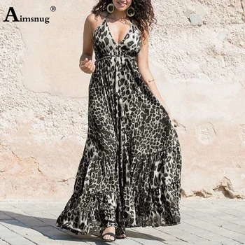 Aimsnug 2020 Letné Dámske Elegantné tvaru Maxi Šaty Leopard Tlač Sexy Šaty Plus veľkosti Ženy Bežné Kávy Šedá Dlhé Šaty
