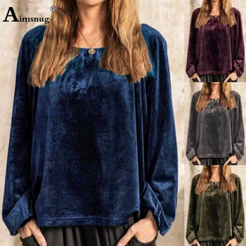 Aimsnug Plus veľkosť 3xl Farbou 2020 Jar Jeseň kórejský Velvet Topy Ženy Bežné Blue Gray Vinatge T-shirt Dámske Oblečenie