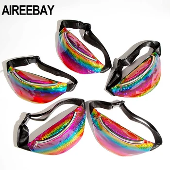 AIREEBAY Laser Fanny Pack Pre Ženy Rainbow PU Kožené Pás Taška Punk Taška Bum Elegantné Hologram Kabelku Módny Pás Pack
