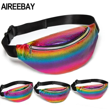 AIREEBAY Laser Fanny Pack Pre Ženy Rainbow PU Kožené Pás Taška Punk Taška Bum Elegantné Hologram Kabelku Módny Pás Pack