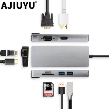 AJIUYU USB C Hub Typ-C Adaptér Dock Thunderbolt 3 Multi Port, HDMI, VGA, USB, RJ45 Gigabit Ethernet Splitter Pre MateBook Pro Vzduchu