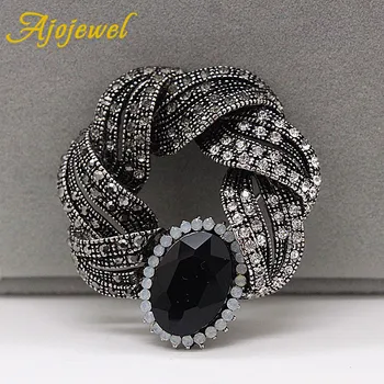 Ajojewel Značky Big Black Crystal Brošňa Pre Ženy Kolo Kvet Plný Drahokamu Retro Vintage Šperky Bijoux Femme