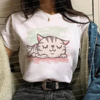 Akvarel spiacu mačku t shirt ženy Farebné módne Pet mačiatko tlačiť T-shirt zábavné, Roztomilé viaceré výrazy cat Graphic Topy