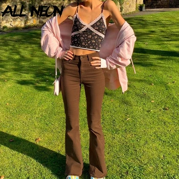 ALLNeon Indie Estetika Tenký Hnedý Svetlice Džínsy Y2K Vintage Pevné Vysoký Pás Mamičky Nohavice 90. rokov Módne Džínsové Nohavice E-dievča Oblečenie
