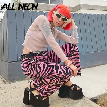 ALLNeon Y2k Estetika Ružová Zebra Tlač Dlhé Nohavice E-dievča Punk Štýl Mid-pás Uvoľnil Rovné Nohavice 90. rokov Streetwear Nohavice