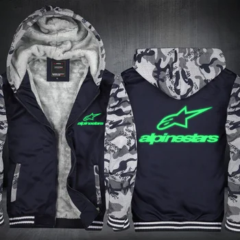 Alpinestars pánske Oblečenie Zelená Fluorescencia Logo Bežné Teplé Fleece Mikiny Zimné Outwear Zahustiť Bunda Slim Fit Hoody