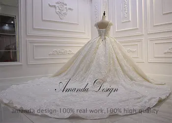 Amanda Dizajn vestido de noiva princesa Krátky Rukáv Čipky Appliques Crystal Luxusné Ríše 2019 Svadobné Šaty