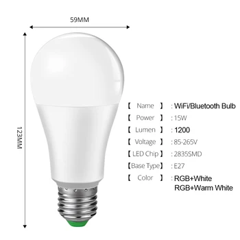 Ampoule LED E27 WiFi Žiarovka 15W RGBW Bluetooth Smart Lampa Inteligentné WiFi Lampa Pracovať s Google Domov Asistent Echo Alexa