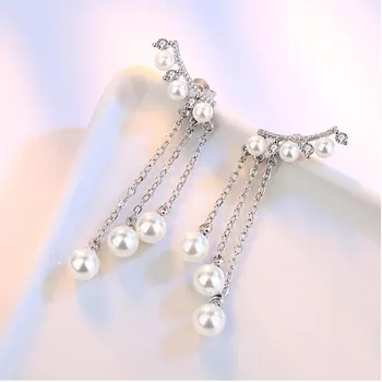 ANENJERY 925 Sterling Silver Elegant Pearl Zirkón Strapec Náušnice Pre Ženy brincos Svadobné Šperky S-E247