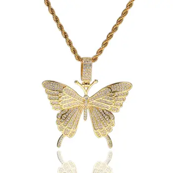 Animal Butterfly Náhrdelník s Príveskom, Ľadový Von Tenis Reťazec Kubánskej Reťaz Zlatá Farba AAA Kubický Zirkón Muži Ženy Hip Hop Šperky