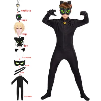 Anime Black Cat Krúžky Chlapec Dievčatá redBug Kostým Black Cat Noir Cosplay Oblečenie Deti na Halloween Party Malý Chrobák Jumpsuit Oblek
