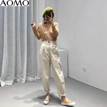 AOMO módne ženy vysoký pás bavlnené nohavice nohavice vrecká tlačidlá office lady nohavice pantalon AI08A